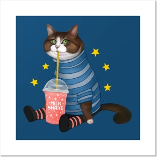 Cat with milk shake Posters and Art